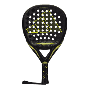 Der Adidas Adipower Multiweight 3.3 2024 Padelschläger besticht durch einen stilvollen schwarzen Schläger mit gelben Akzenten und einem geometrischen Muster auf der Oberfläche. Der Griff ist mit gelben Punkten verziert und verfügt über eine Handschlaufe, während das markante Markenlogo für eine unverwechselbare Note sorgt.