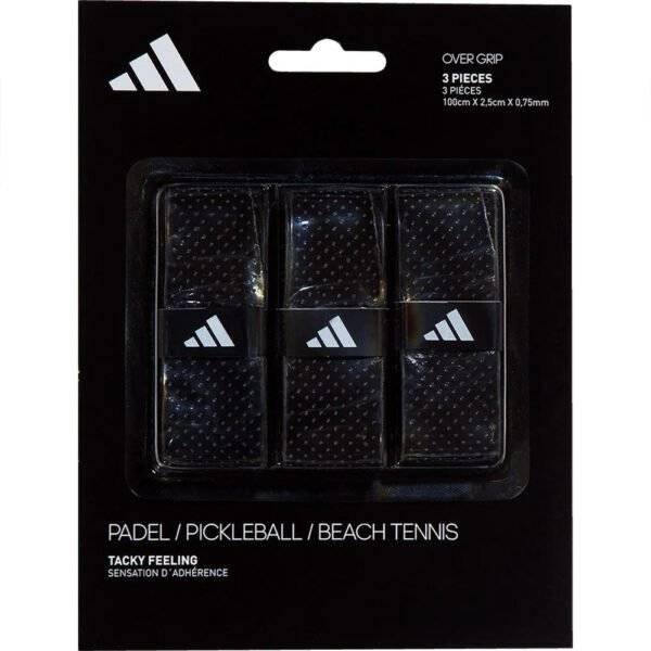 Ein Dreierpack Adidas Padel Schwarz Overgrips für Padel, Pickleball und Beachtennis. Die schwarze Verpackung zeigt weißen Text und ein Logo, betont die Abmessungen und bietet ein klebriges Gefühl für besseren Halt.
