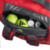 Eine Adidas Tour 3.3 Solar Rot Padeltasche-Sporttasche mit einer teilweise geöffneten Reißverschlusstasche zeigt zwei gelbe Tennisbälle und zwei Dosen mit Tennisbällen und zeigt so eine übersichtliche Aufbewahrungslösung.