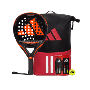 Das Adidas Adipower Team Set enthält einen auffälligen schwarz-roten Padelschläger mit leuchtend orangefarbenem Design, zwei Tuben mit Speed RX-Bällen und einen dazu passenden schwarz-roten Sportrucksack. Darüber hinaus enthält das Set einen leuchtend gelben Logoball, der die Essenz des adidas adipower ctrl team 2024-Stils perfekt einfängt.