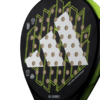 Nahaufnahme der Adidas RX Series Lime 2024 Padelschläger in Schwarz und Gelb mit geometrischen und kreisförmigen Mustern. Der Text enthält „RX Series“, „Soft“ und „Structural Reinforcement“. Dieses Modell verfügt über einen Hauch von Lime für zusätzliches Flair.