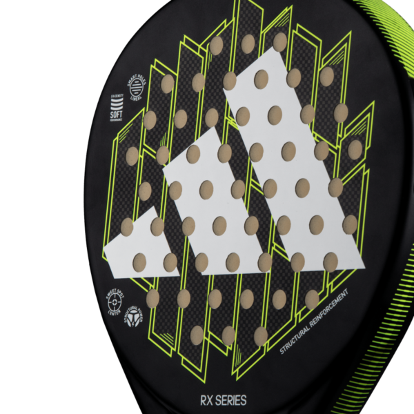 Nahaufnahme der Adidas RX Series Lime 2024 Padelschläger in Schwarz und Gelb mit geometrischen und kreisförmigen Mustern. Der Text enthält „RX Series“, „Soft“ und „Structural Reinforcement“. Dieses Modell verfügt über einen Hauch von Lime für zusätzliches Flair.