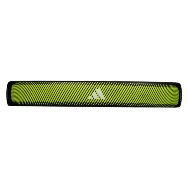 Die Adidas RX Series Lime 2024 Padelschläger heben sich mit ihren gelben und schwarzen Streifen und dem zentralen Logo von einem eleganten schwarzen Hintergrund ab.